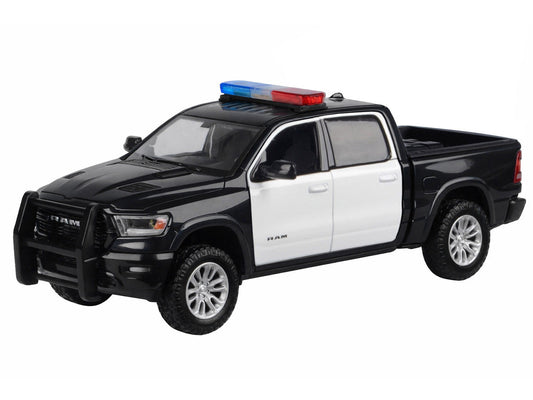 2019 RAM 1500 Laramie Crew Cab Pickup Truck Black and White with Flashing Light Bar and Front and Rear Lights and Sounds 1/27 Diecast Model Car by Motormax