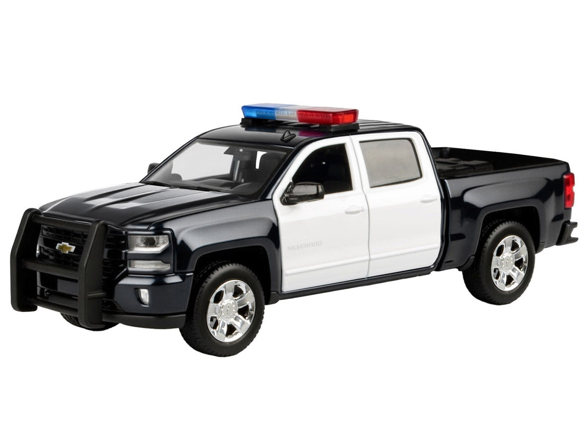 2017 Chevrolet Silverado 1500 LT Z71 Crew Cab Pickup Truck Black and White with Flashing Light Bar and Front and Rear Lights and Sounds 1/27 Diecast Model Car by Motormax