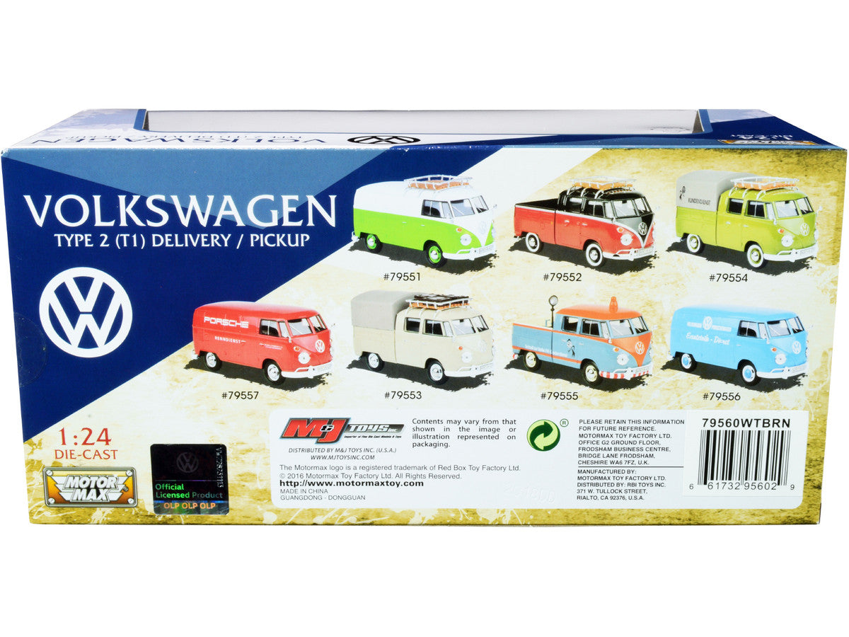 Volkswagen Type 2 (T1) Pickup White and Yellow with Wood Paneling with Surfboard 1/24 Diecast Model Car by Motormax