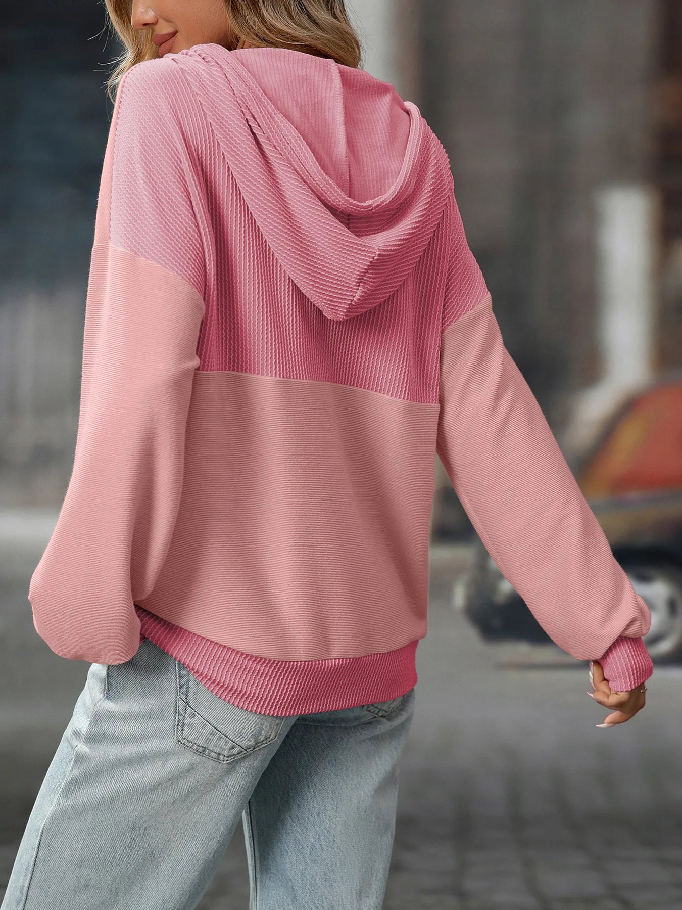 Drawstring Button Detail Long Sleeve Hoodie