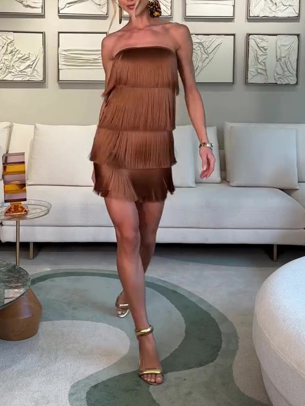 Brown Strapless Tiered Fringe Mini Dress