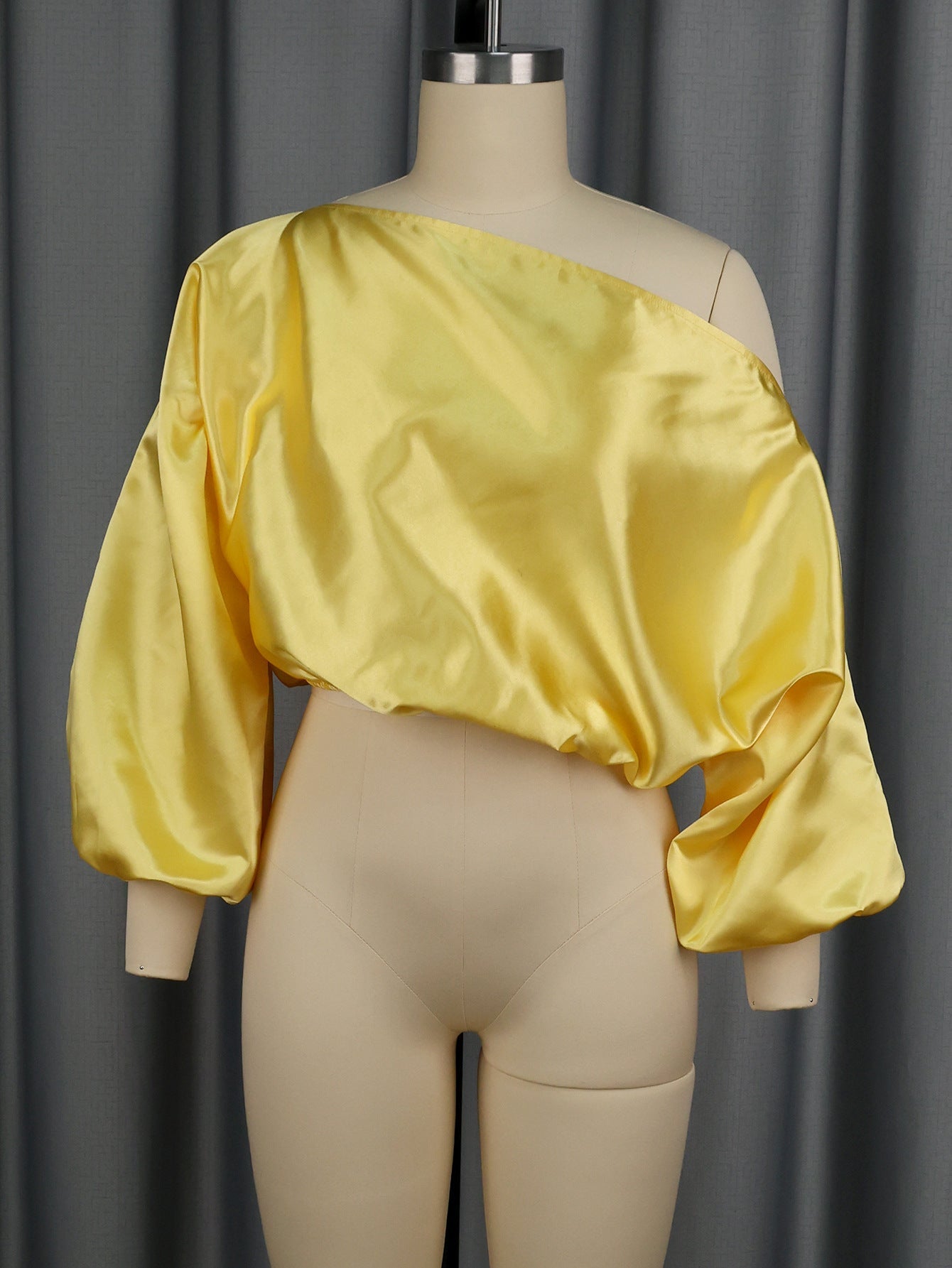 One Shoulder Balloon Puff Sleeve Cropped Blouse