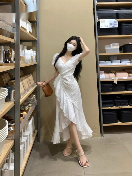 V-neck Dress Degrees Women's Waist Irregular Ruffled