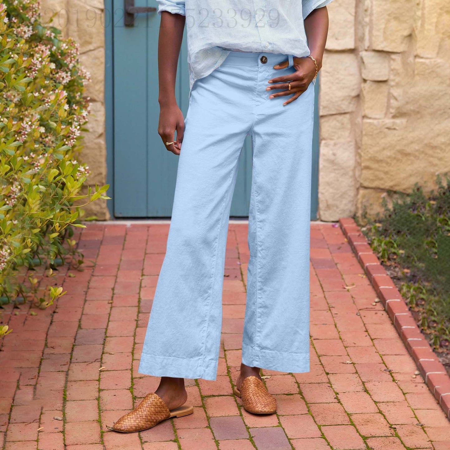 European And American Style High-Waisted Solid Color Cropped Flared Loose Wide-Leg Womens Trousers With Buttons