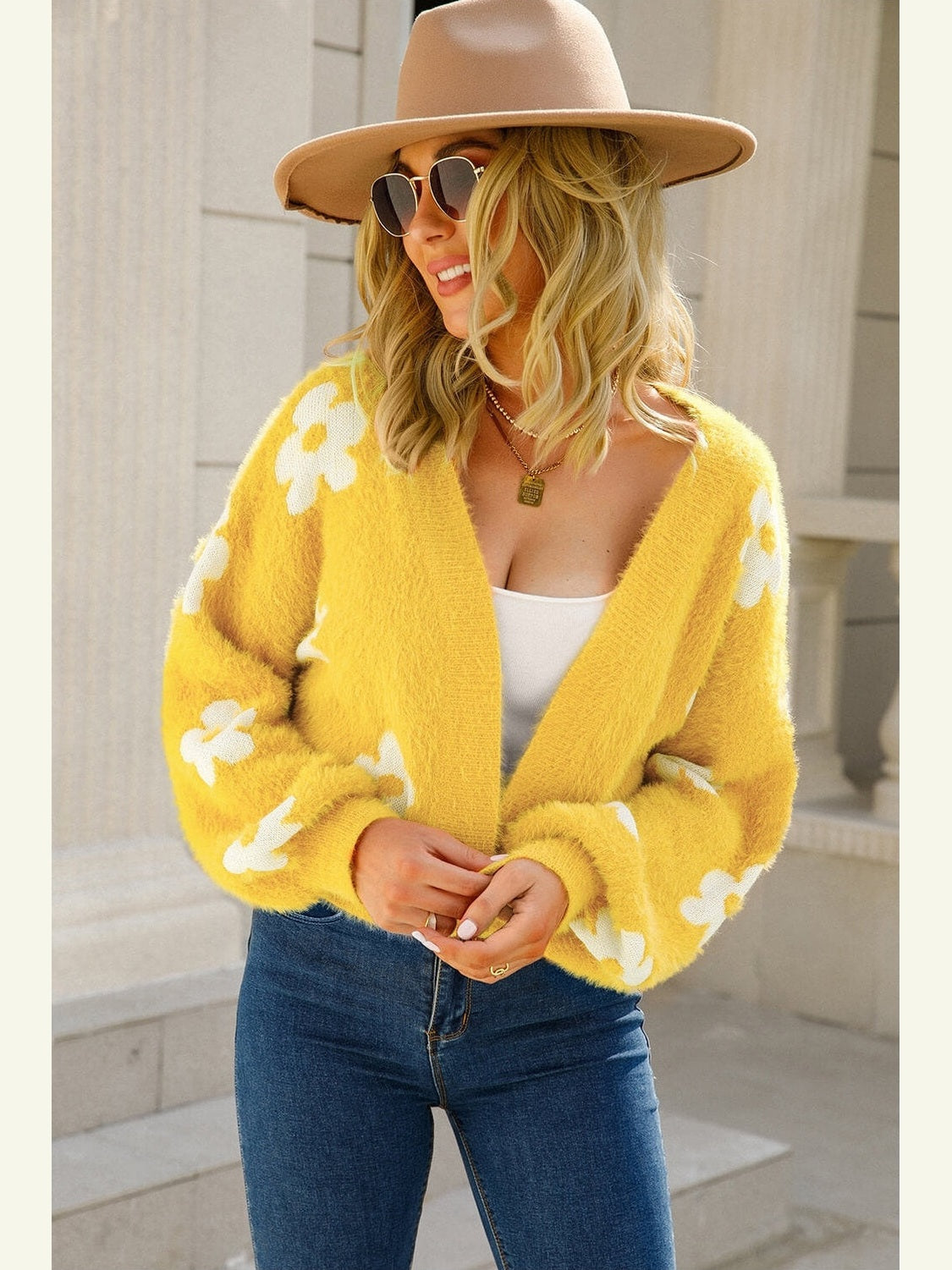 Women Floral Open Front Fuzzy Cardigan Sweater