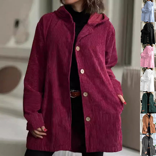 Women's Corduroy Hooded Jacket Fashion Warm Pockets Button Mid-length Top Casual Fall Winter Outwear Clothing