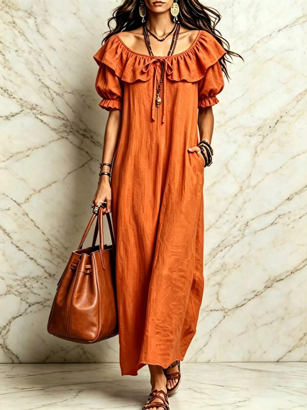 Summer 2026 Women's New Round Neck Ruffled Casual Seaside Vacation Dress From Europe And America