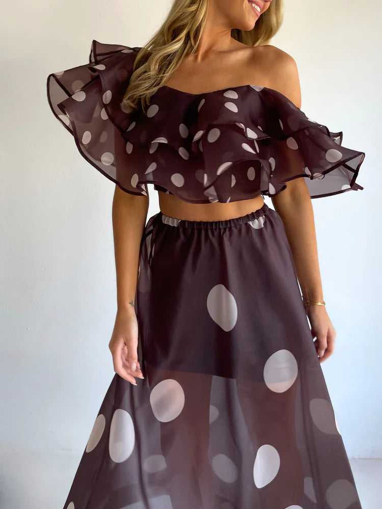 Sexy Strapless Irregular Print Ruffled Fashion Suit Long Dress