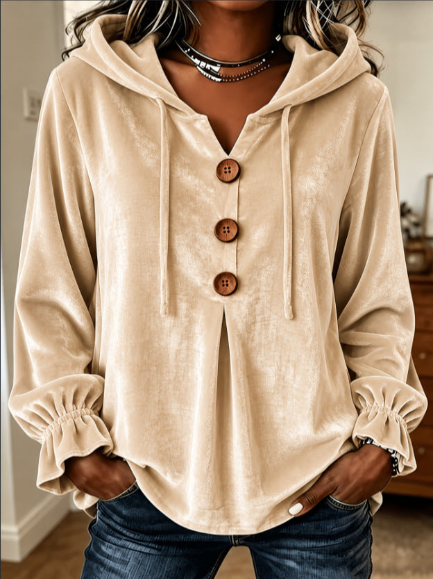 Annuo  2026 Women Casual Button Drawstring Hoodie, European American Style Long Sleeve Top