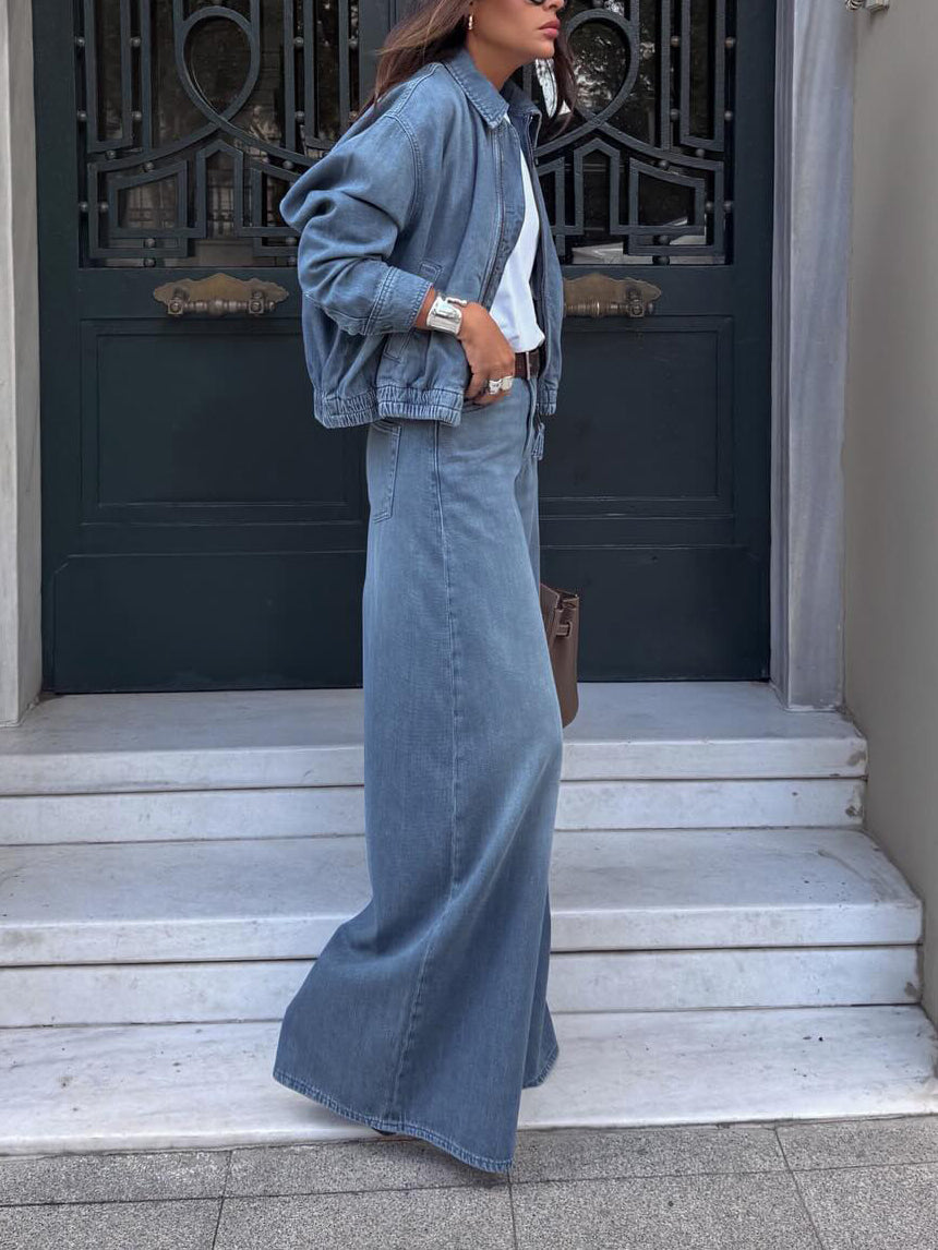 Light Blue Denim Cropped Jacket And Wide-leg Jeans Set