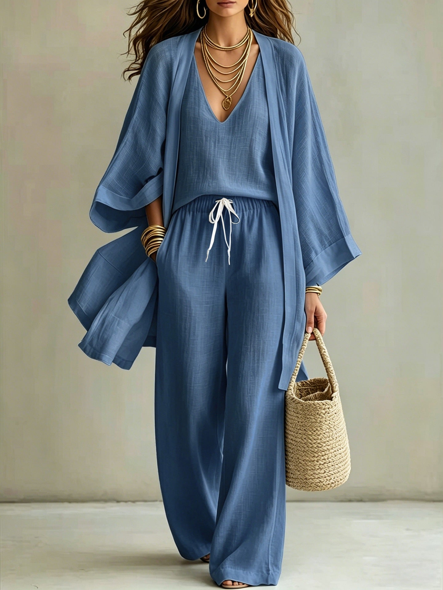 Womens Casual Three-piece Set Nine-quarter-sleeve Cardigan Sleeveless Vest And Long Pants