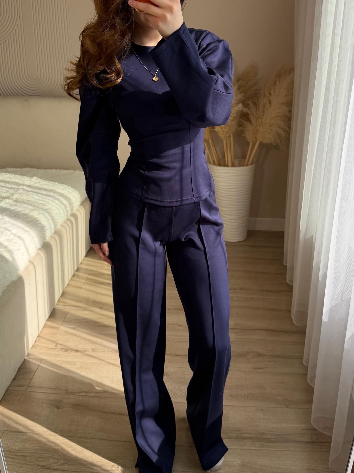 Fashionable Long-sleeved O-neck Pleated Top And Wide-leg Pants Set