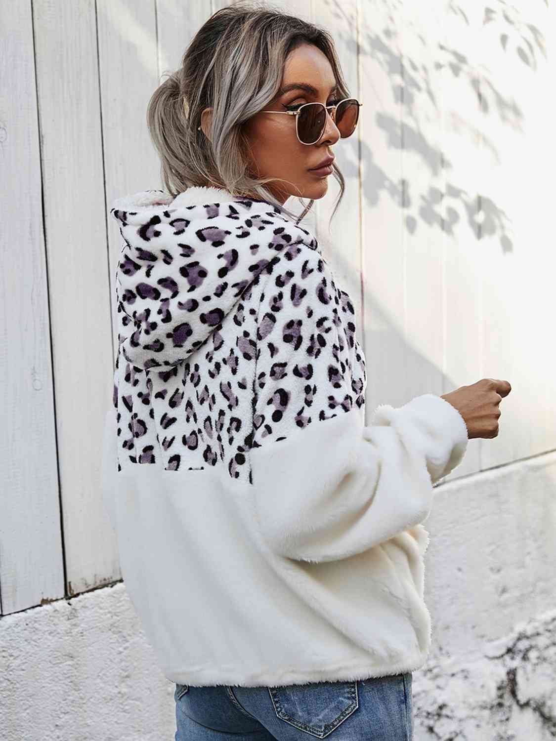 Women Leopard Half-Zip Dropped Shoulder Hoodie
