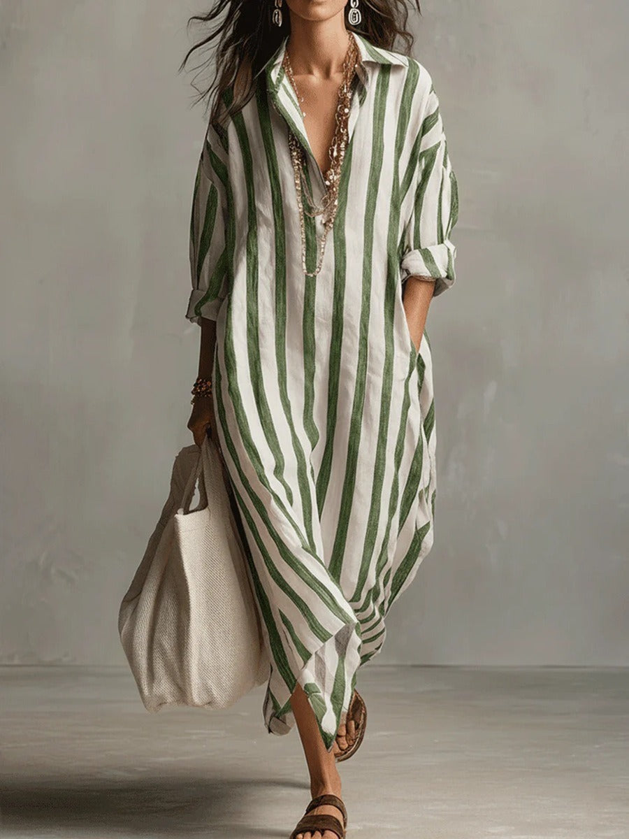 2026 Summer New Arrival, Women's Elegant Long Striped Dress With V-Neck