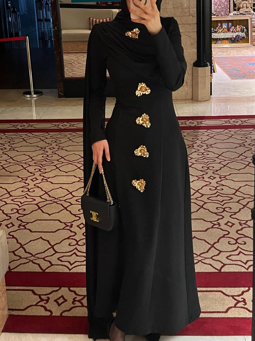 Black Turtleneck Cape Sleeve Gold Button Maxi Dress