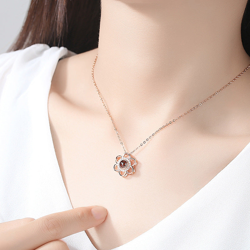 925 Sterling Silver Love Necklace, Memory In  Languages, Cherry Blossom Pendant Necklace