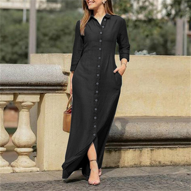 Womens Casual Button Down Denim Maxi Dress Long Sleeve Long Jean Dresses With Pockets