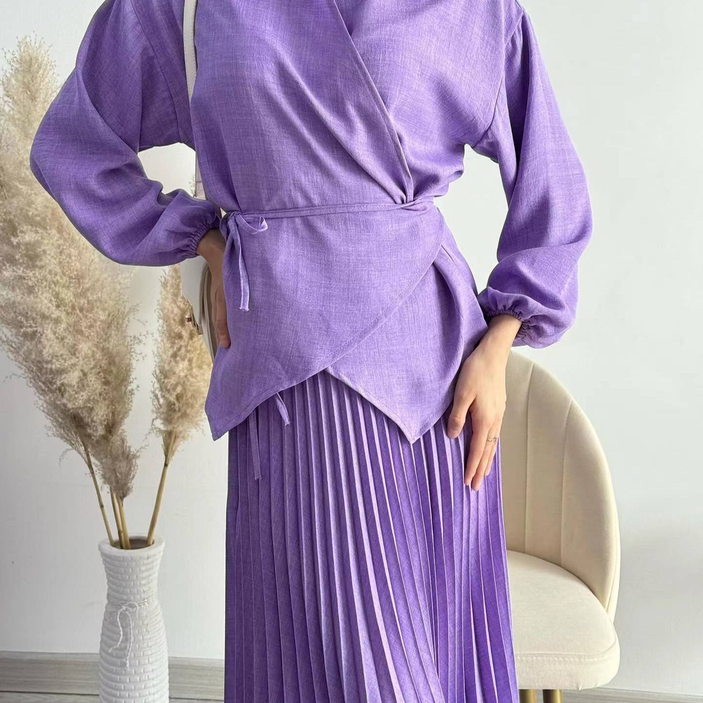 New Women's Muslim Style Elegant Fashion Pleated Skirt Tied Top
