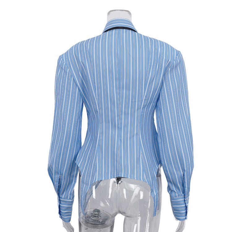 Commuter Long-sleeved Black Tie Shirt With Irregular Hem