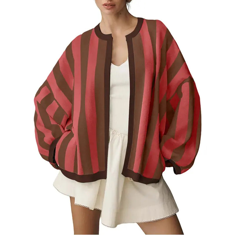 2026 Color Block Striped Plus Size Loose Lantern Sleeve Autumn Winter Thin Sun Protective Cardigan 2026 Autumn New Product