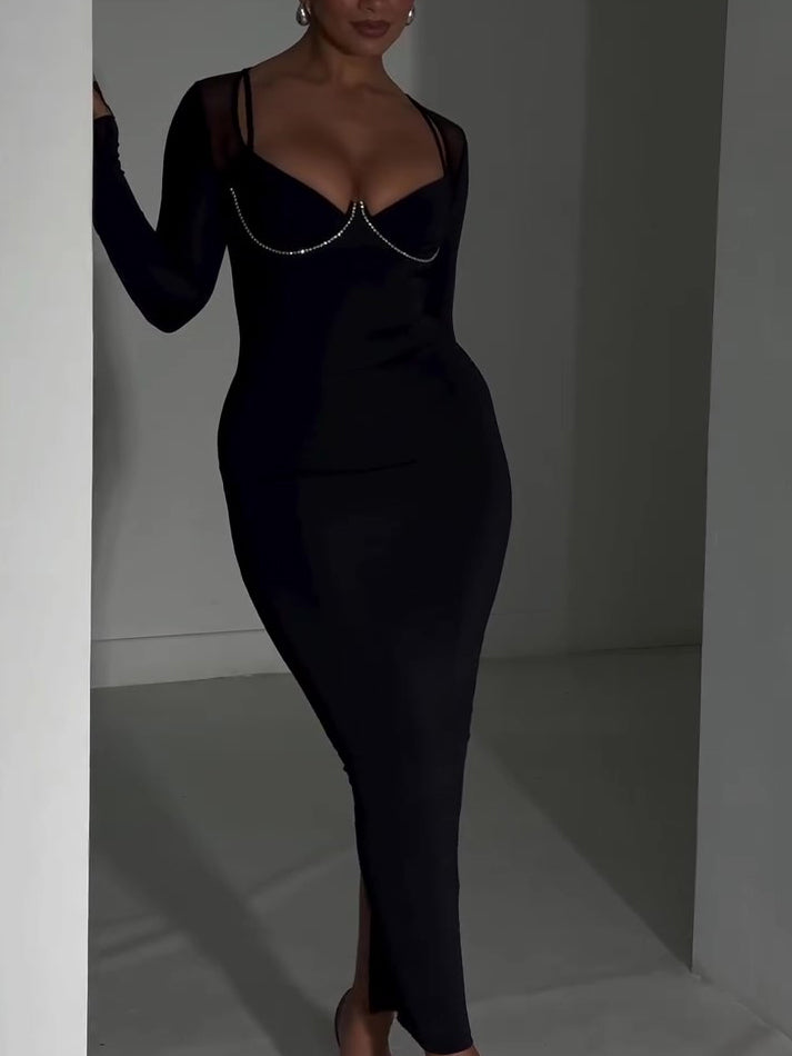 Black Bodycon Midi Dress With Rhinestone Chain Detail And Mesh Sleeves