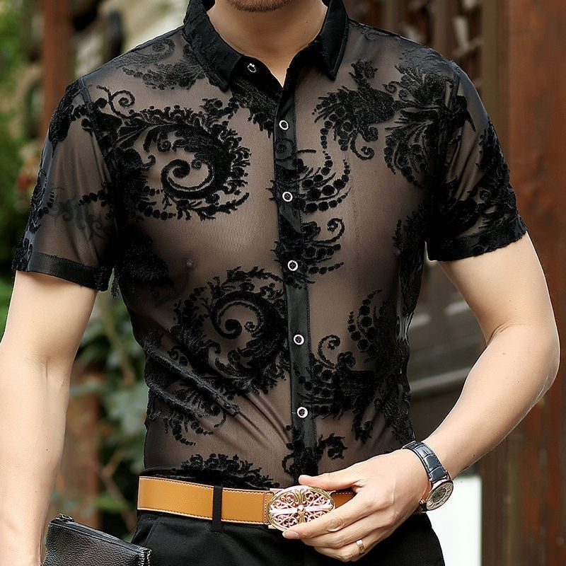 Short Sleeve Hollow Men's Shirt Flocking Embroidered Shirt