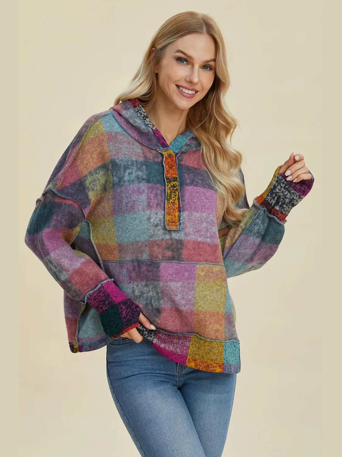 Double Take Full Size Plaid Dropped Shoulder Fleece Hoodie