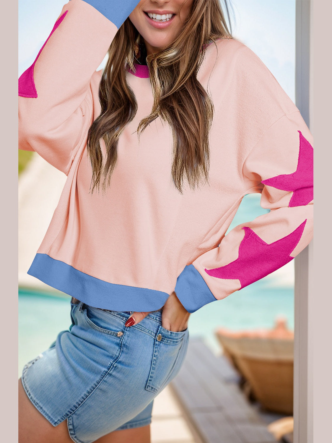 Women Star Contrast Round Neck Long Sleeve Sweatshirt