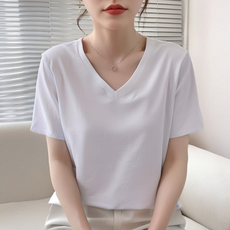 Summer Pure Cotton Short Sleeve T-shirt Top V-neck Loose