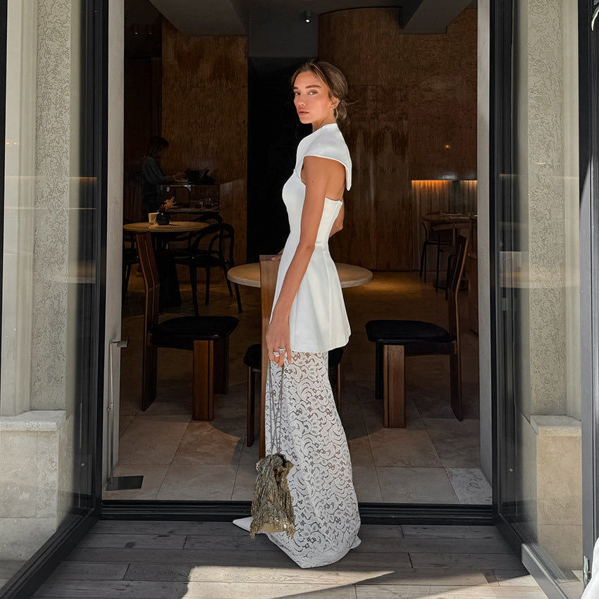 Commuter-appropriate Two-piece Set- Irregular Strapless Top And White Lace Skirt