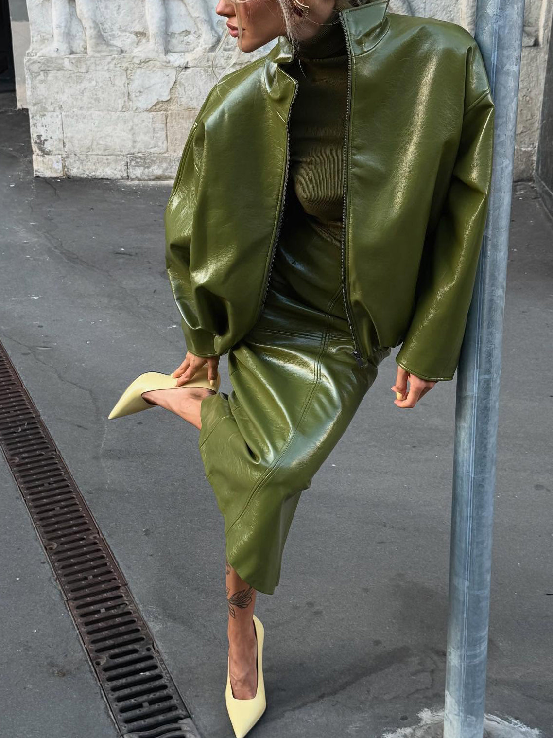 Olive Green Faux Leather Jacket And Midi Skirt Set