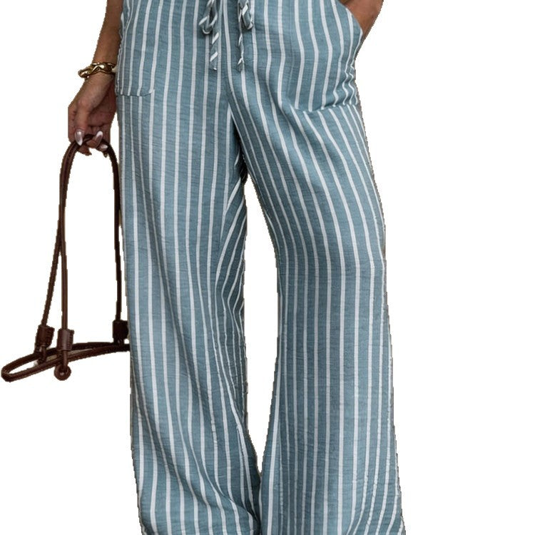 Striped Loose Commuter Casual Lace-up Elastic-waist Wide-leg Trousers