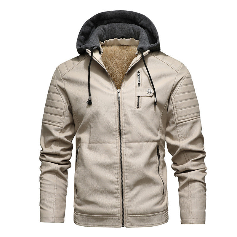 2026 Autumn And Winter New Men's Leather Jacket, Youth Men's Coat, Fleece-Lined Hooded Leather Jacket, Men's Jacket, Factory Ready Stock