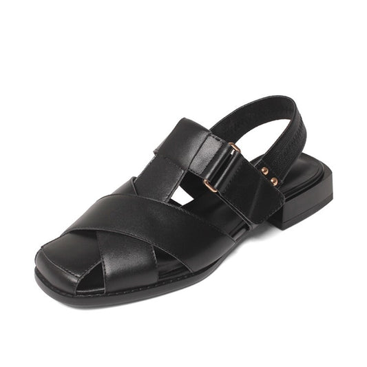 Retro Low-heel Velcro Thick-heeled Sandals for Women