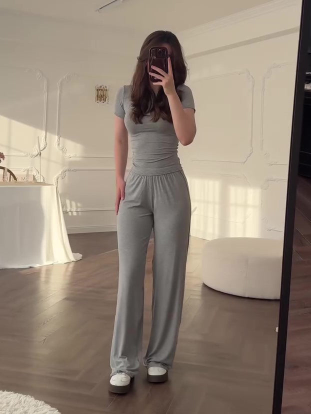 Casual Grey Short-sleeved Top & Wide-leg Pants Suit