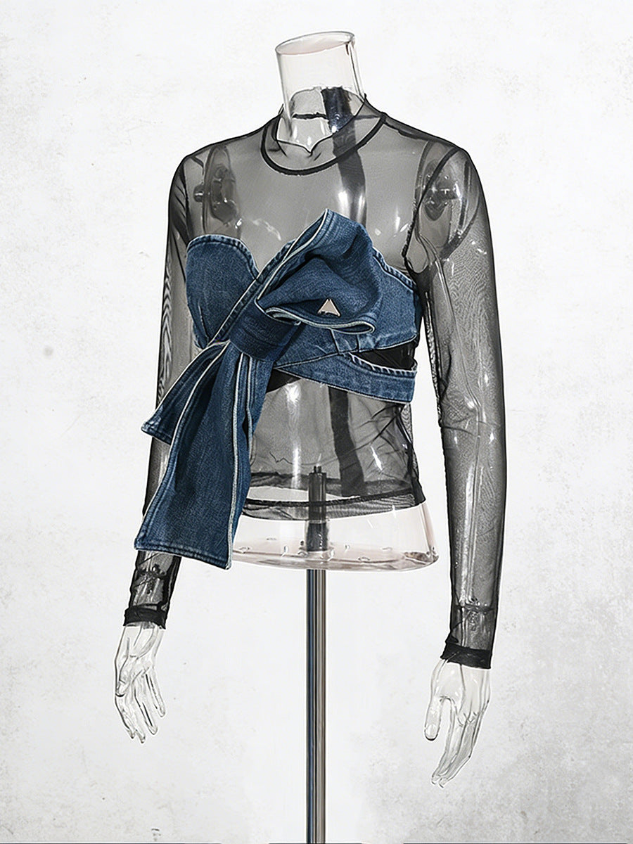 Denim Bow Mesh Overlay Top