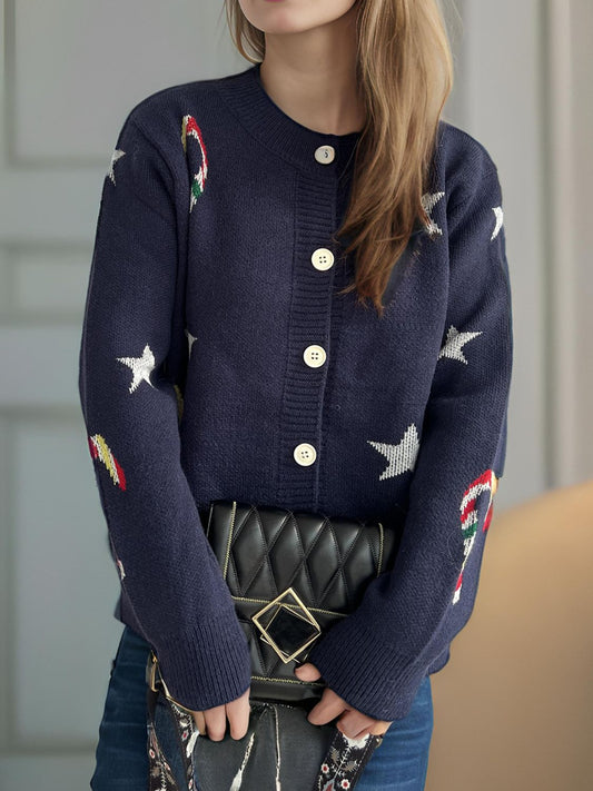 Women Candy Cane & Star Button Down Long Sleeve Christmas Cardigan