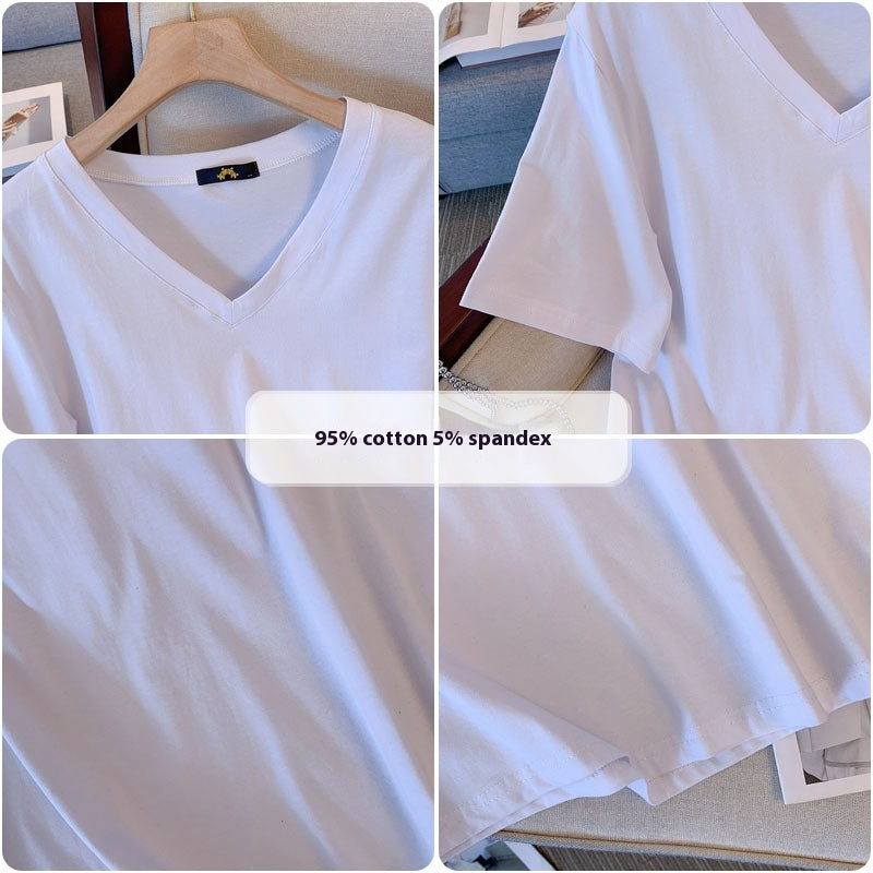 Summer Pure Cotton Short Sleeve T-shirt Top V-neck Loose