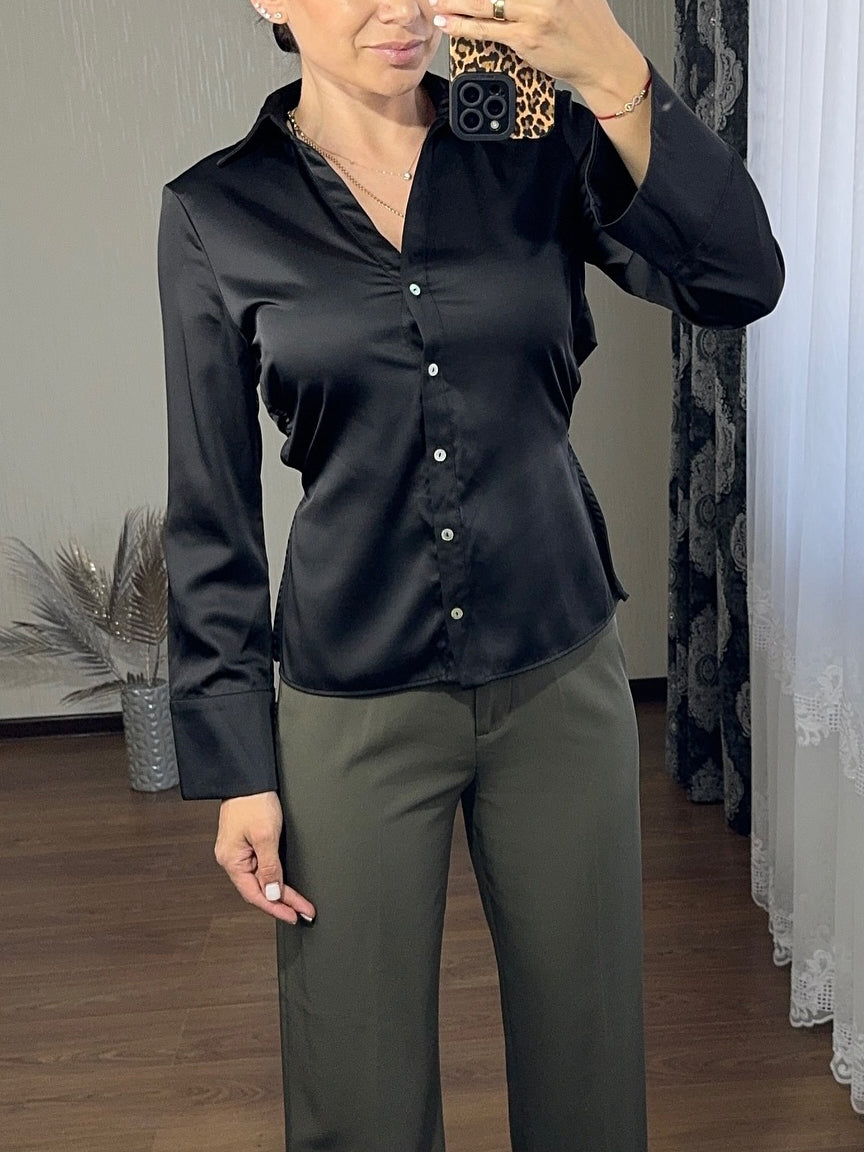 Black Satin Backless Lace-up Shirt