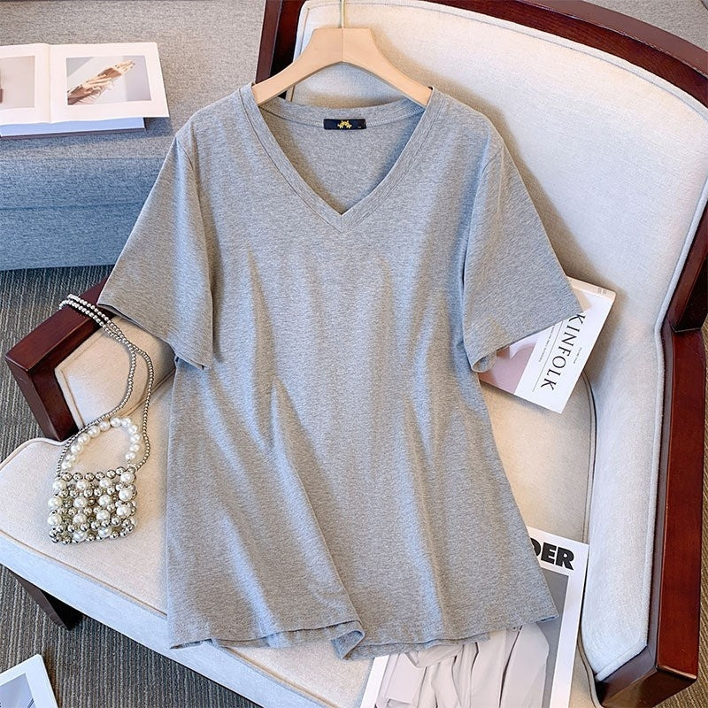 Summer Pure Cotton Short Sleeve T-shirt Top V-neck Loose
