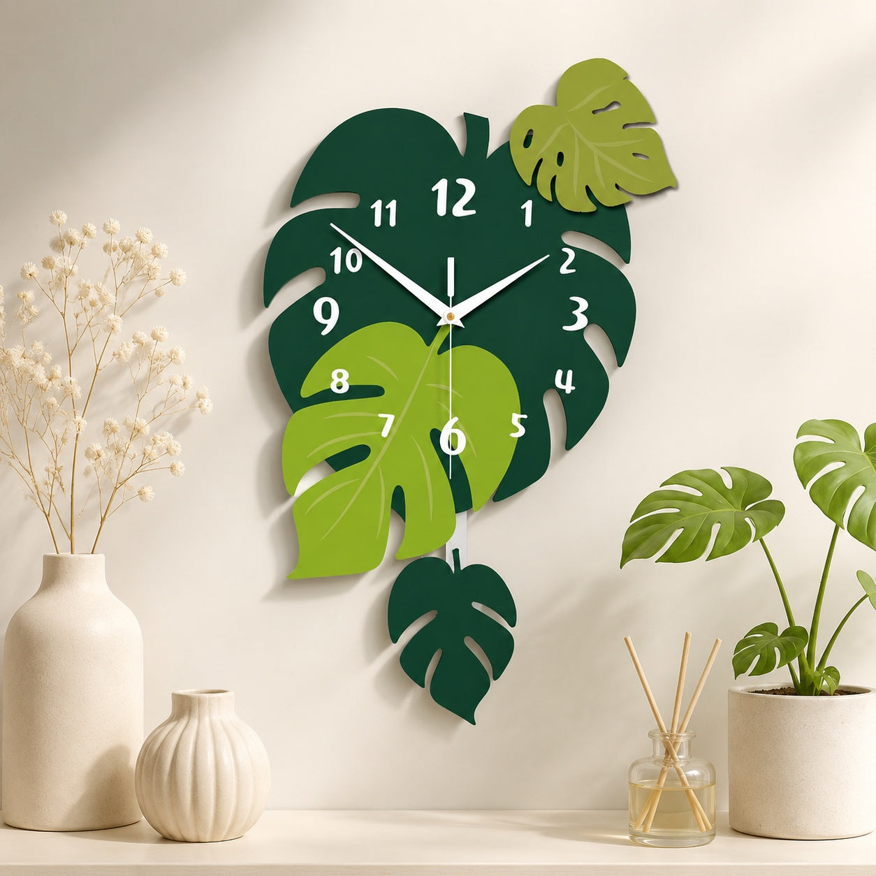 Acrylic Leaf Wall Clock Tropical Decorative Home Decor