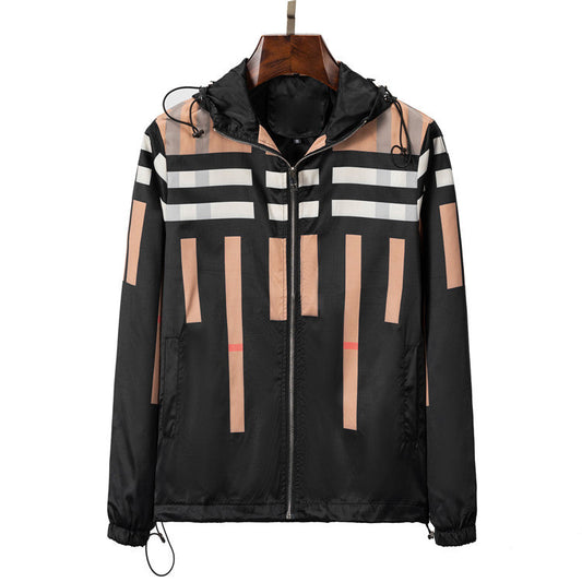 Men's Casual Trench Jacket with Stripe Plaid Print
