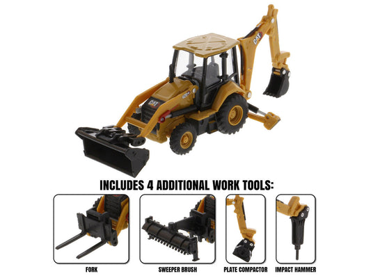 CAT Caterpillar 420 XE Backhoe Loader with Work Tools Yellow 1/64 Diecast Model by Diecast Masters