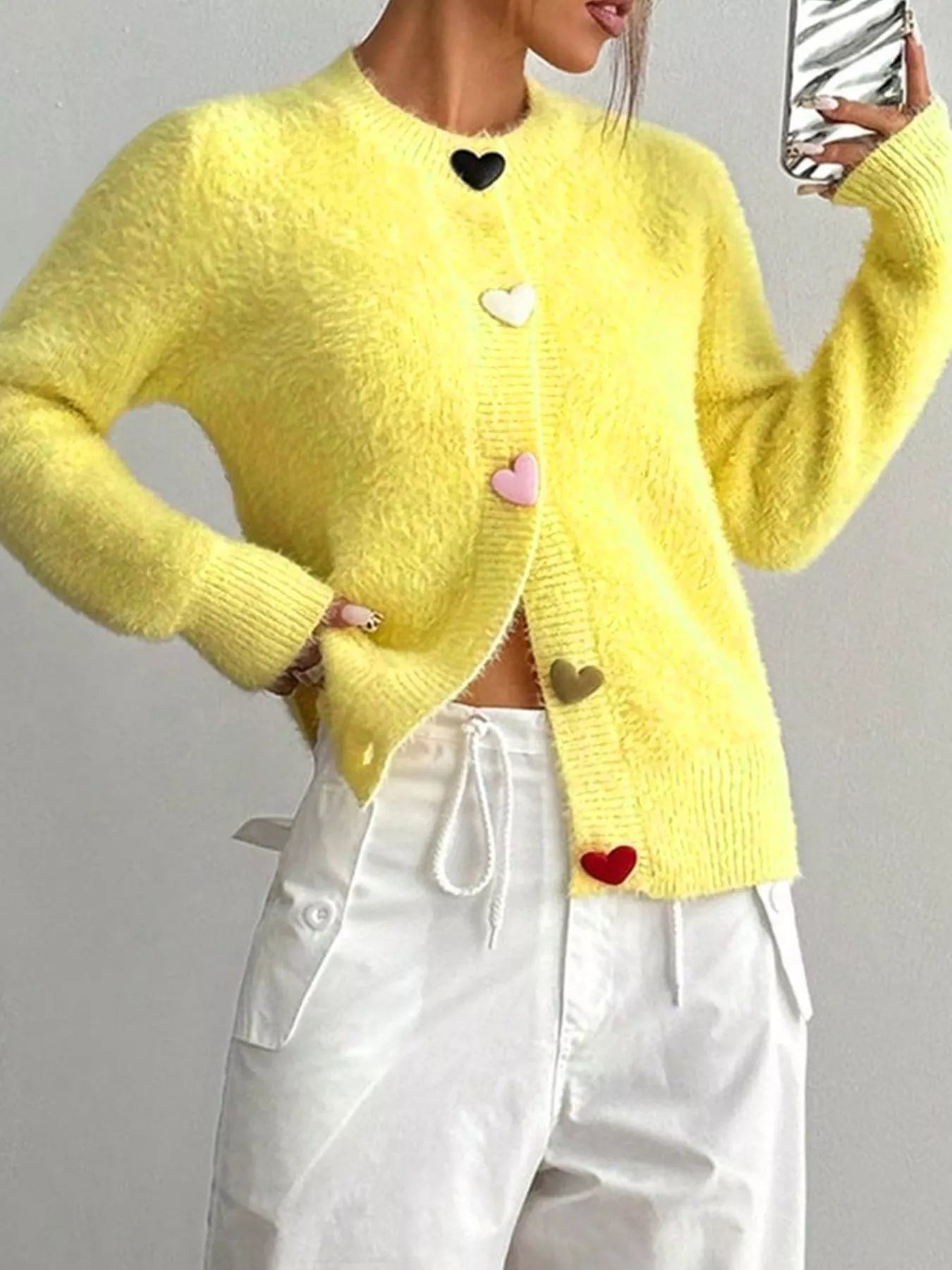 Women Heart Button Fuzzy Cardigan