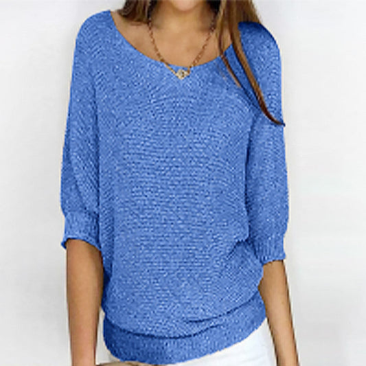 Three-quarter Sleeve Pullover Sweater Fashion Solid Color Loose Round Neck Knitted Top For Women Clothing