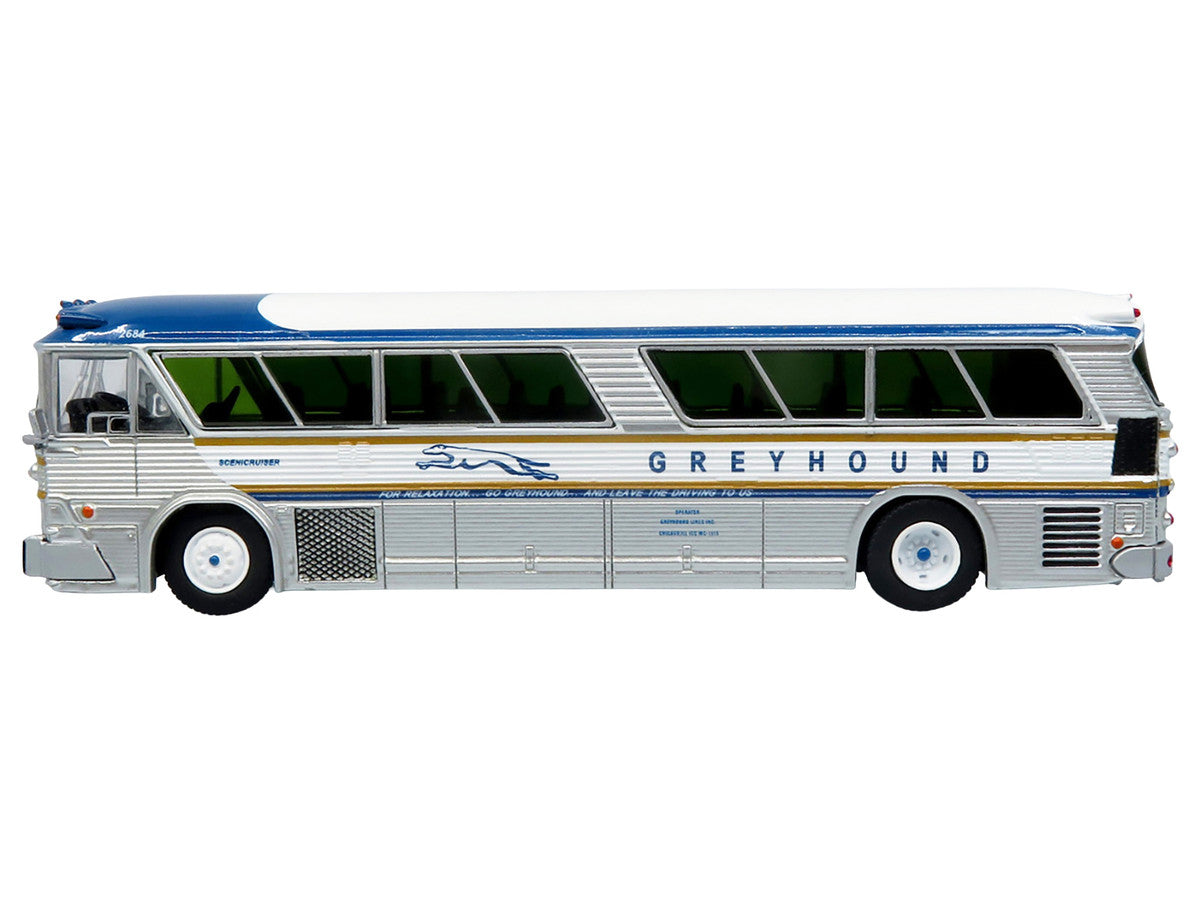 1964 MCI MC-5A Coach Bus "Greyhound Golden Anniversary" Silver with Blue and Gold Stripes "Vintage Bus & Motorcoach Collection" Limited Edition to 504 pieces Worldwide 1/87 (HO) Diecast Model by Iconic Replicas
