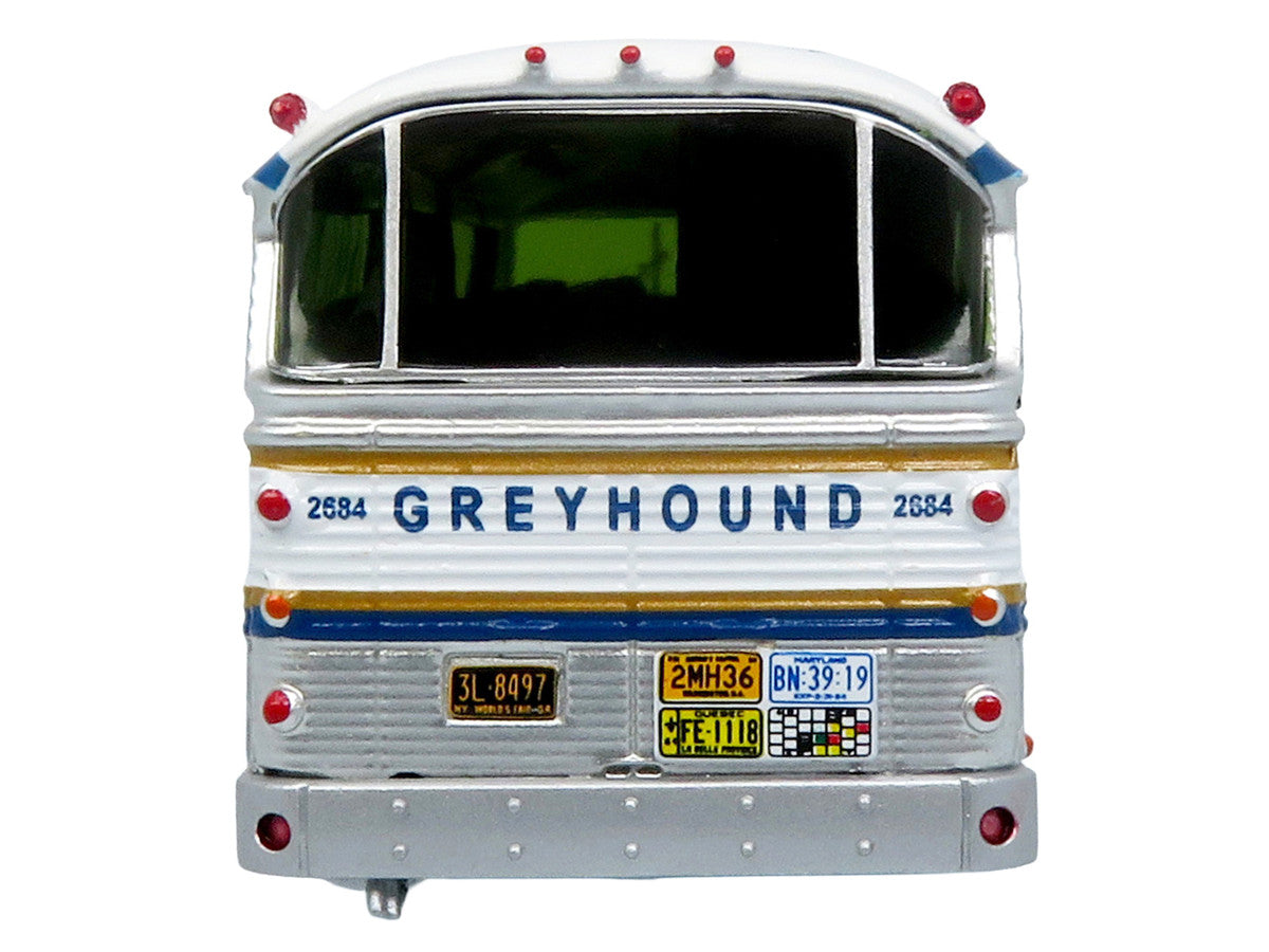 1964 MCI MC-5A Coach Bus "Greyhound Golden Anniversary" Silver with Blue and Gold Stripes "Vintage Bus & Motorcoach Collection" Limited Edition to 504 pieces Worldwide 1/87 (HO) Diecast Model by Iconic Replicas