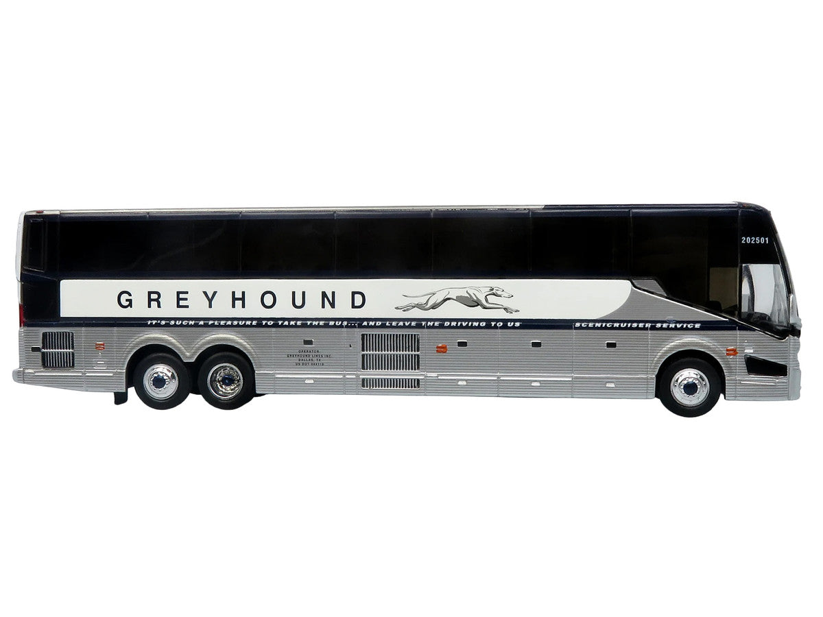 Prevost H3-45 Coach Bus "Greyhound Scenicruiser Service" White and Raw Metal "The Bus & Motorcoach Collection" Limited Edition to 504 pieces Worldwide 1/87 (HO) Scale Diecast Model by Iconic Replicas