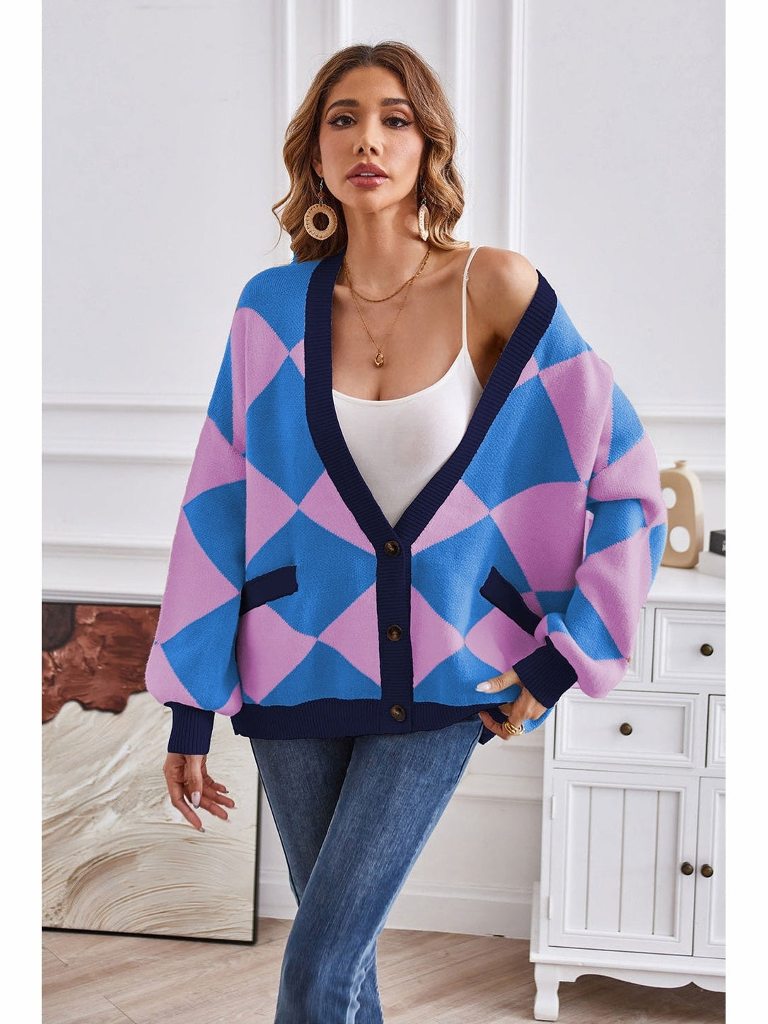 Women Geometric Lantern Sleeve Cardigan with Pockets