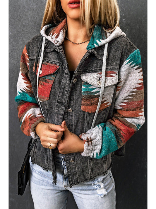 Women Drawstring Hooded Pocketed Denim Jacket